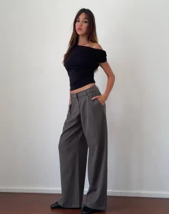 Motel Rocks Wide Leg Pants-Nailaka Low Rise Wide Leg Tailored Trouser in Dark Charcoal DarkCharcoal