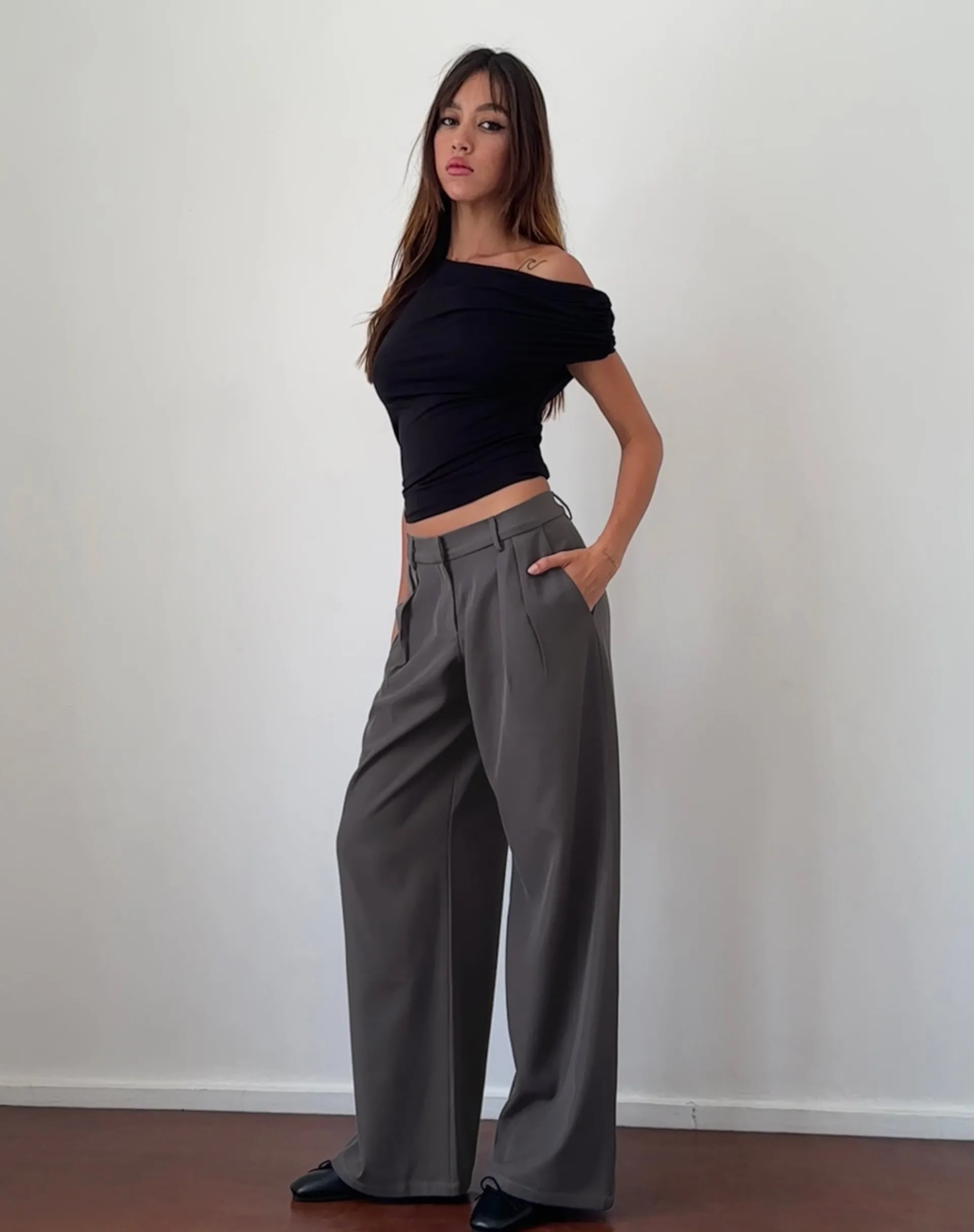 Motel Rocks Wide Leg Pants-Nailaka Low Rise Wide Leg Tailored Trouser in Dark Charcoal DarkCharcoal