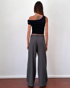 Motel Rocks Wide Leg Pants-Nailaka Low Rise Wide Leg Tailored Trouser in Dark Charcoal DarkCharcoal