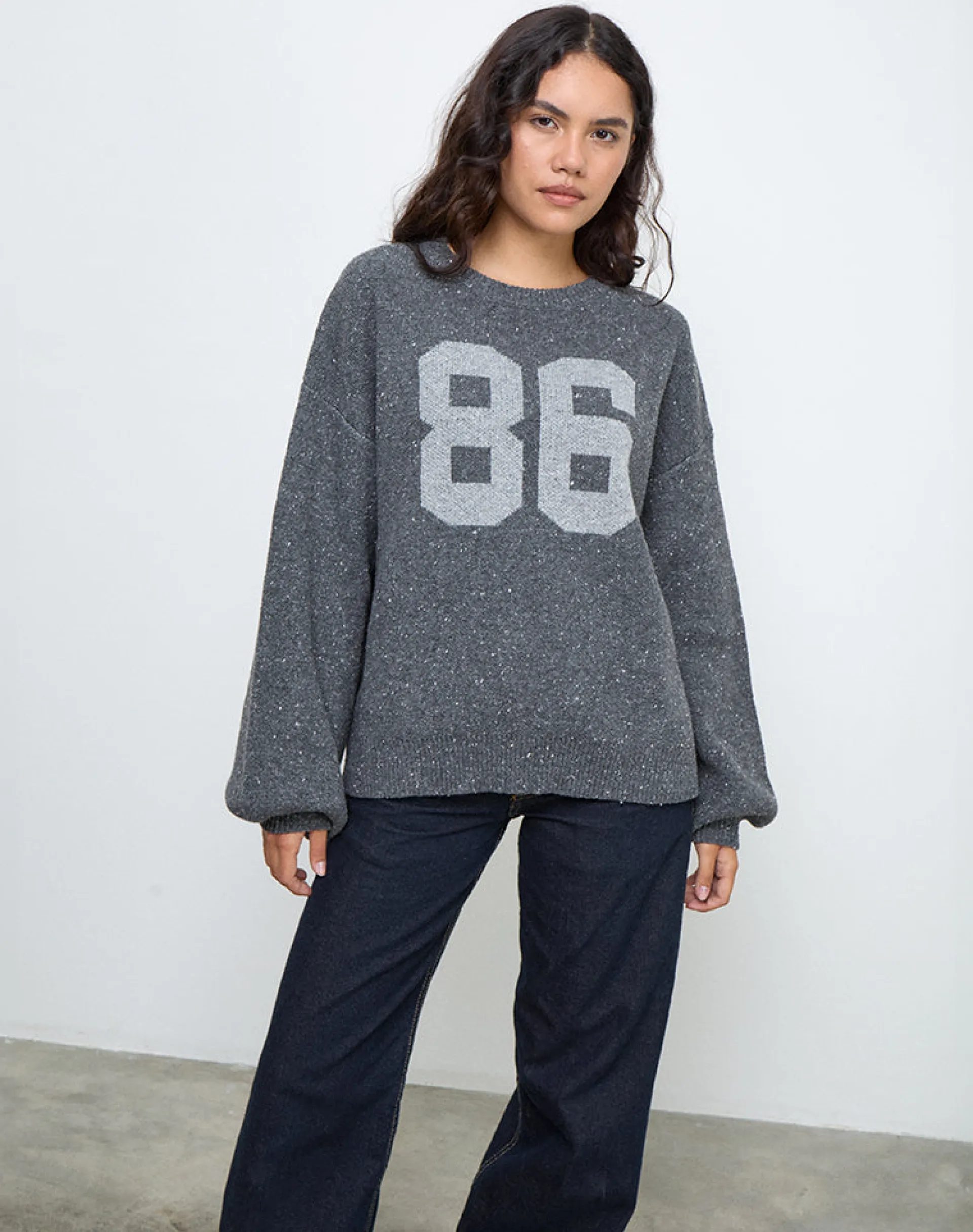 Motel Rocks Jumpers-Namari Jumper in Grey Knit with 86 Motif GreyKnitwith86Motif
