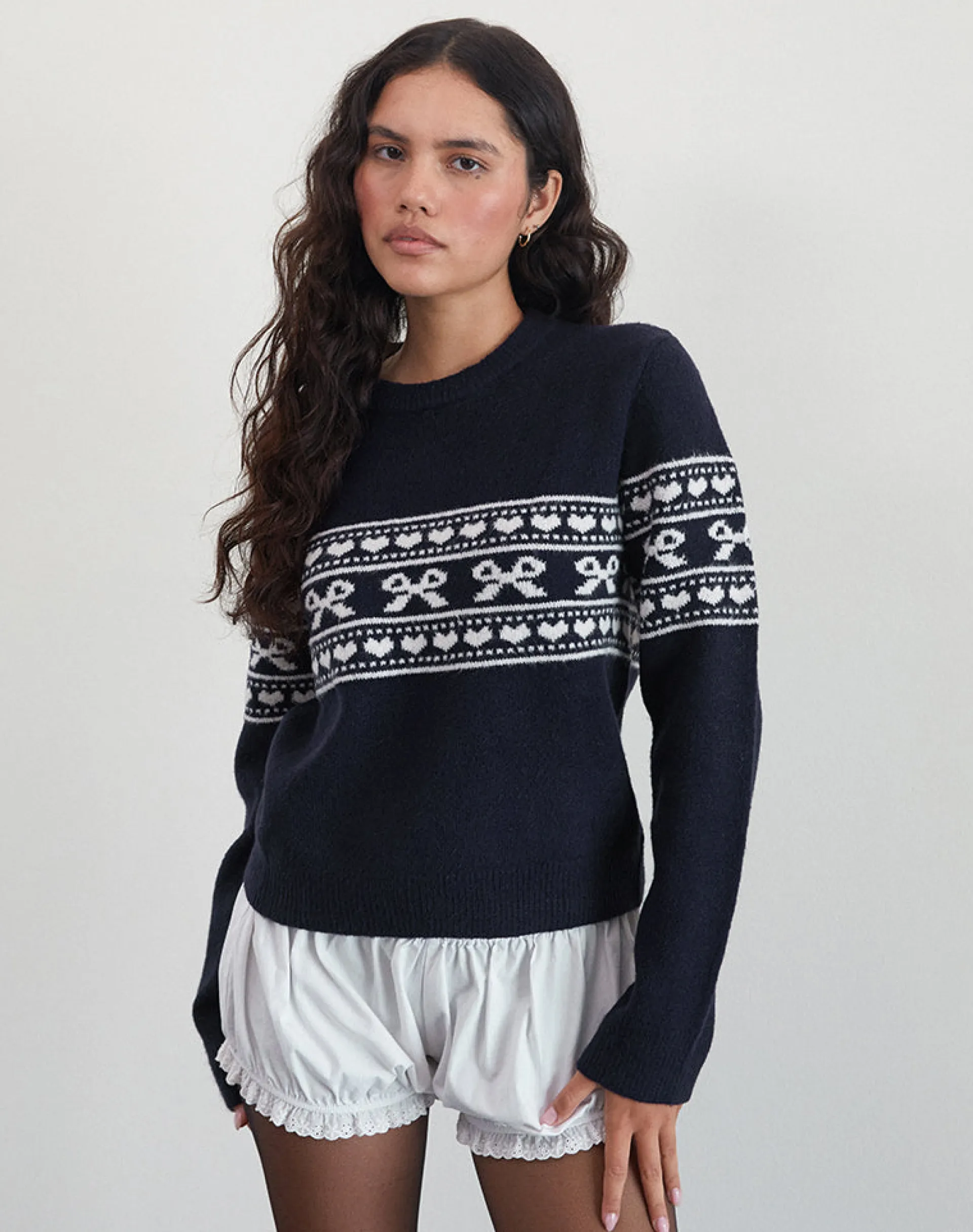 Motel Rocks Jumpers-Namirta Knitted Jumper in Peacoat with Fairisle Bow