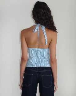 Motel Rocks Halterneck Tops | Going Out Tops-Nandu Top in Poplin Blue Small Vertical Stripe PoplinBlueSmallVerticalStripe