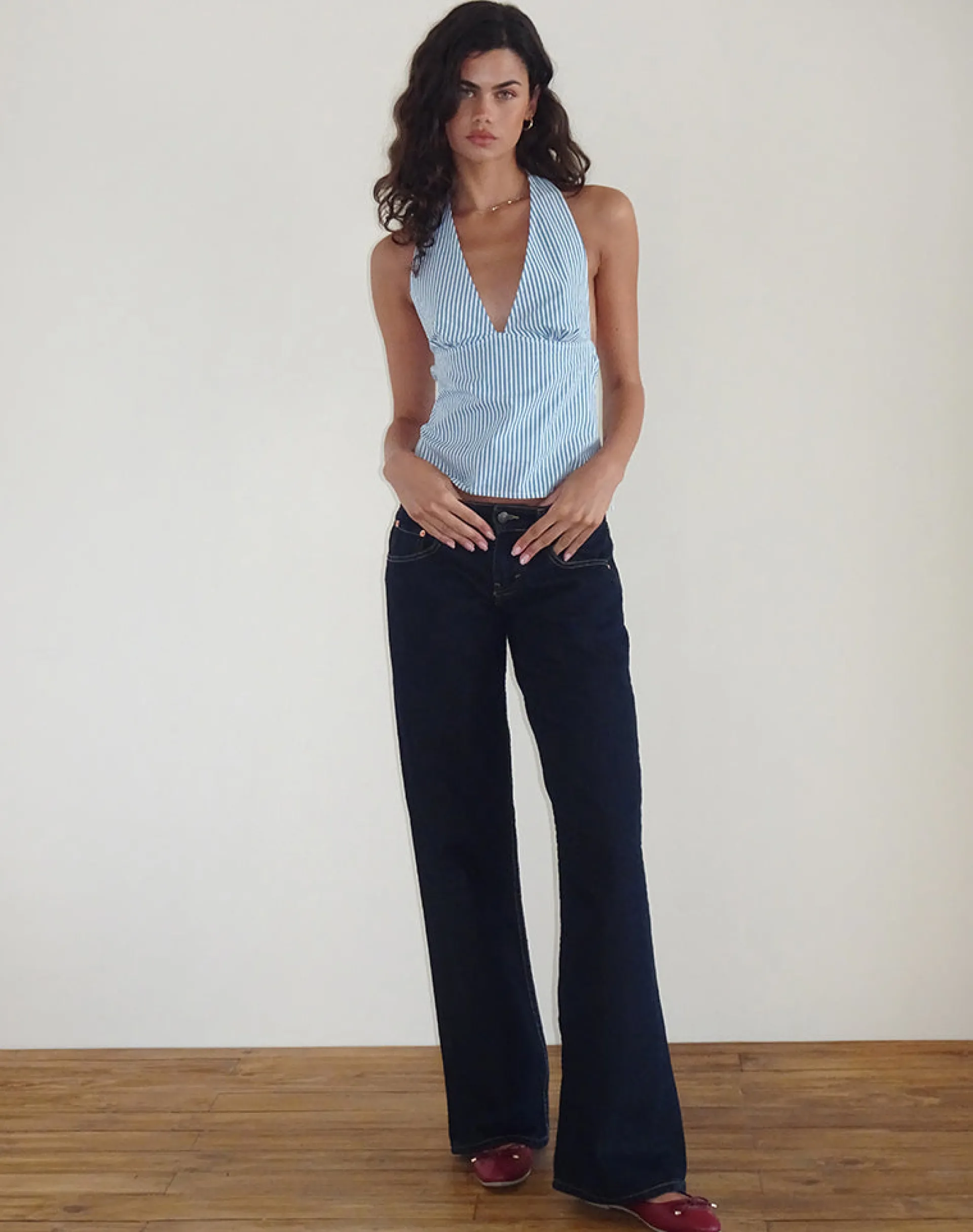 Motel Rocks Halterneck Tops | Going Out Tops-Nandu Top in Poplin Blue Small Vertical Stripe PoplinBlueSmallVerticalStripe