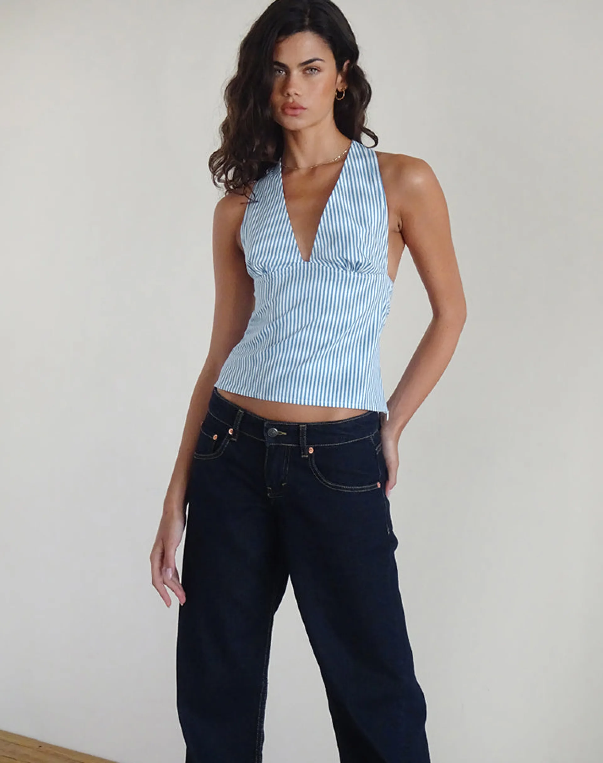 Motel Rocks Halterneck Tops | Going Out Tops-Nandu Top in Poplin Blue Small Vertical Stripe PoplinBlueSmallVerticalStripe