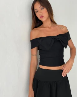 Motel Rocks Crop Tops | Going Out Tops-Naras Bow Front Bardot Top in Black Tailoring