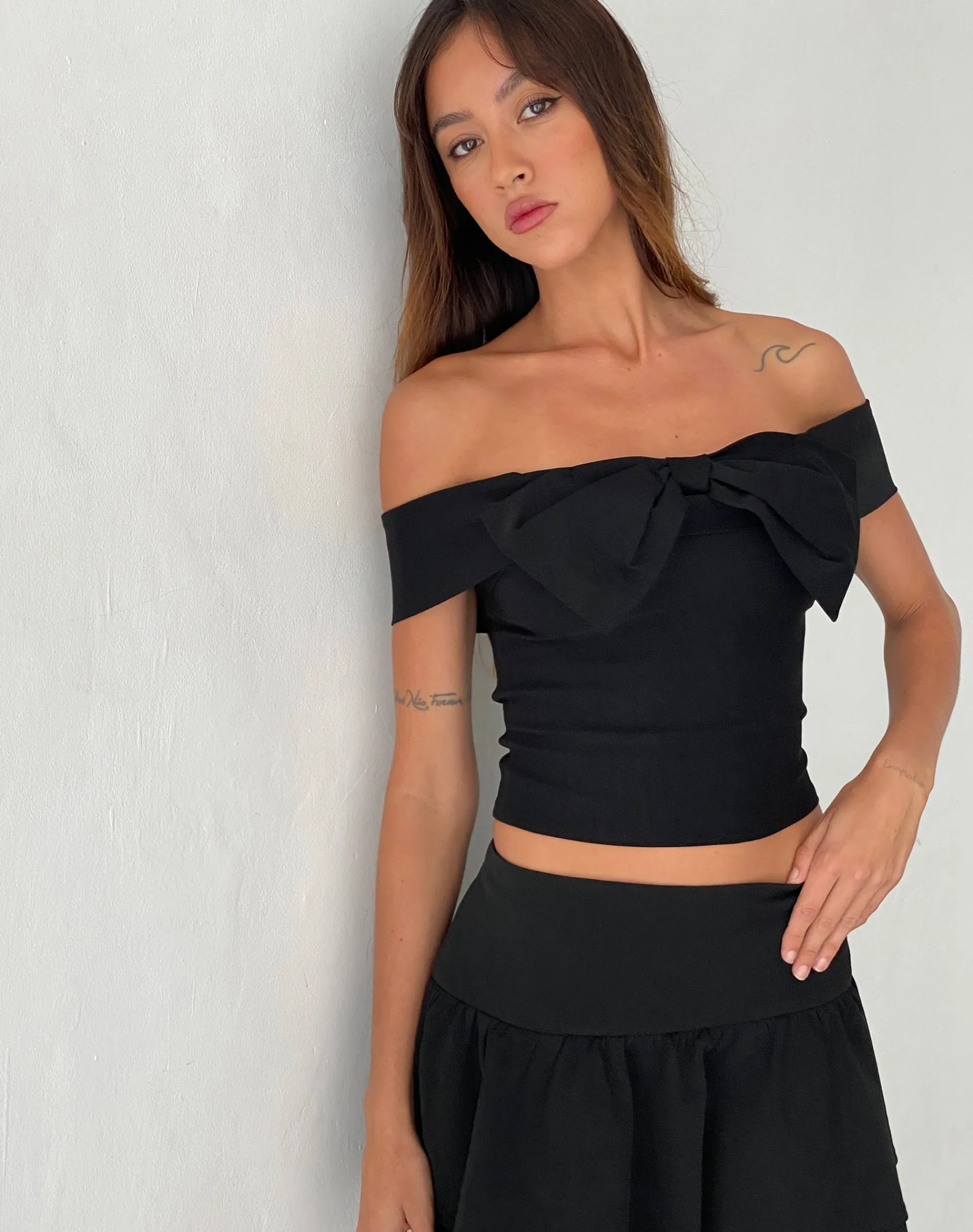 Motel Rocks Crop Tops | Going Out Tops-Naras Bow Front Bardot Top in Black Tailoring