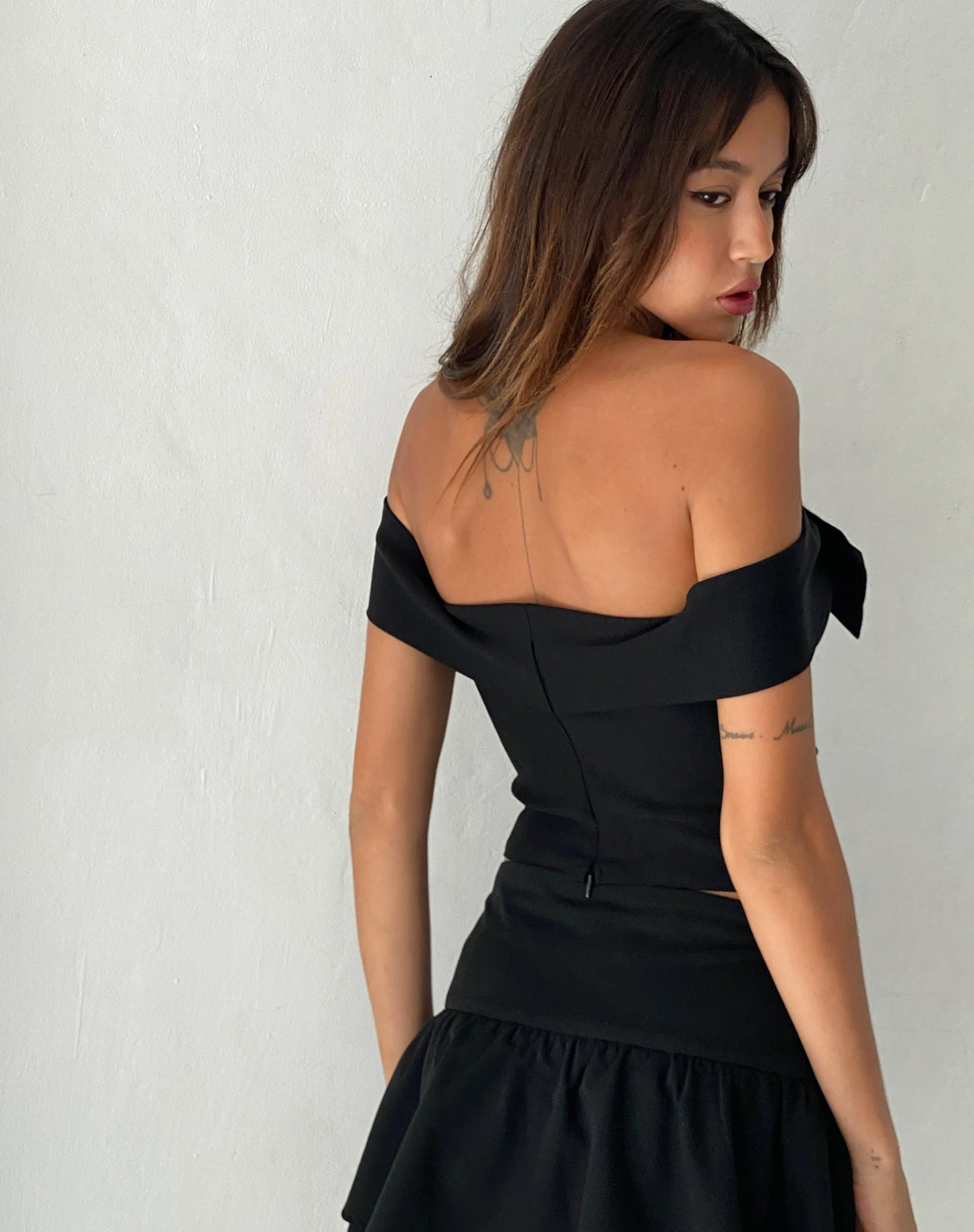 Motel Rocks Crop Tops | Going Out Tops-Naras Bow Front Bardot Top in Black Tailoring
