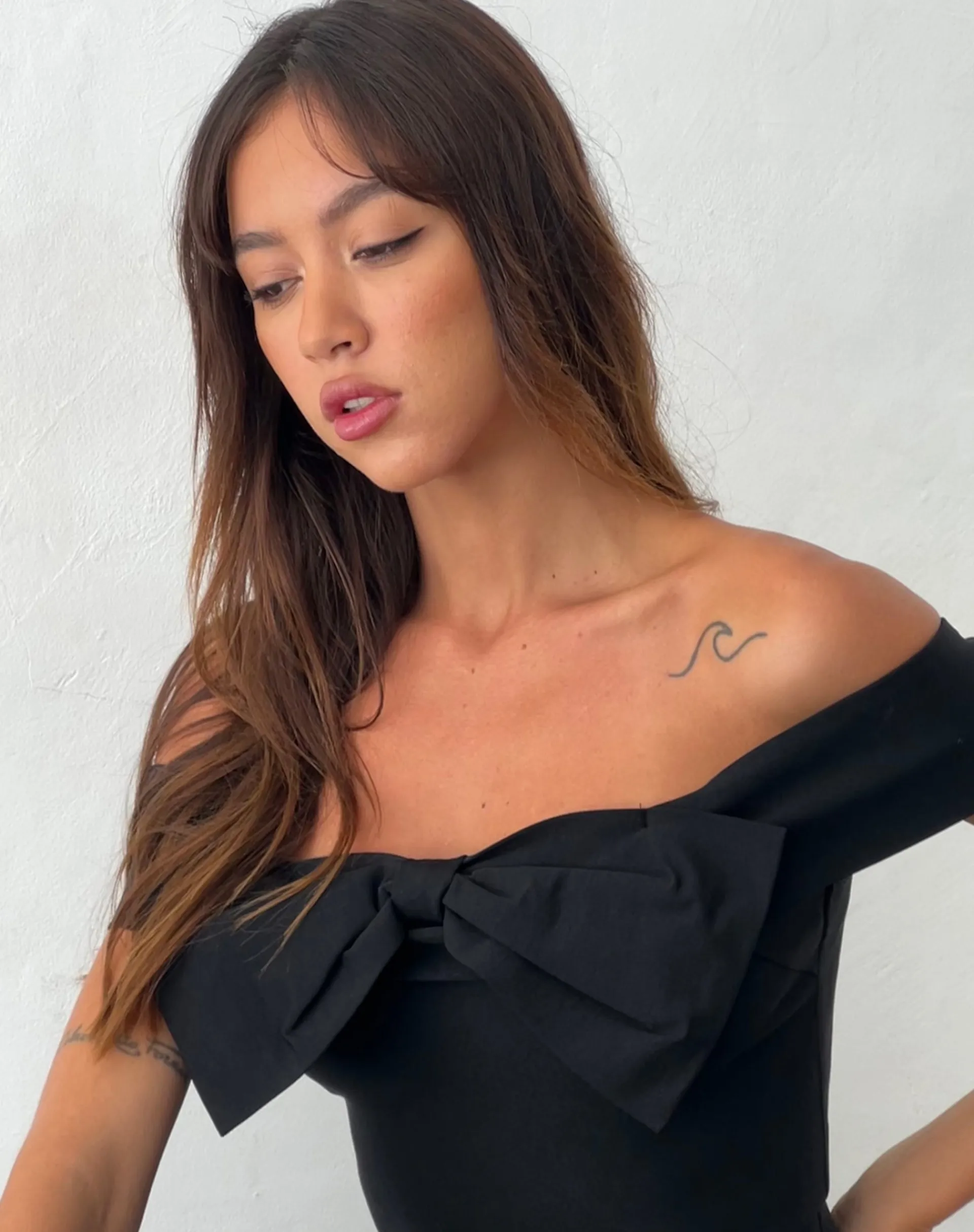 Motel Rocks Crop Tops | Going Out Tops-Naras Bow Front Bardot Top in Black Tailoring