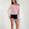 Motel Rocks Long Sleeve Tops | Going Out Tops-Narcissa Asymmetric Long Sleeve Top in Mesh Baby Pink MeshBabyPink