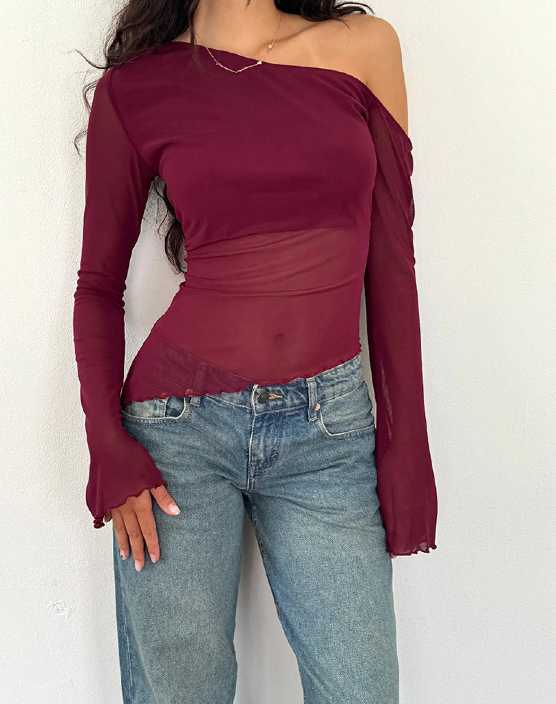 Motel Rocks Long Sleeve Tops-Narcissa Asymmetric Long Sleeve Top in Maroon