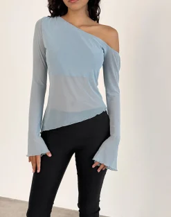 Motel Rocks Long Sleeve Tops | Going Out Tops-Narcissa Asymmetric Long Sleeve Top in Mesh Light Blue MeshLightBlue