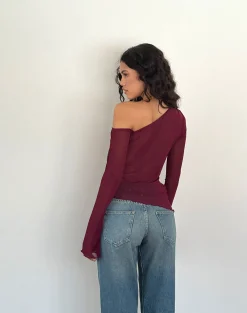 Motel Rocks Long Sleeve Tops-Narcissa Asymmetric Long Sleeve Top in Maroon