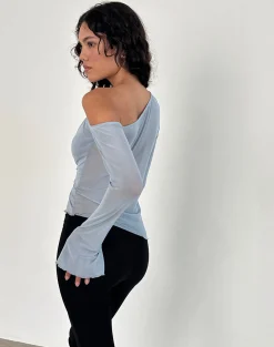 Motel Rocks Long Sleeve Tops | Going Out Tops-Narcissa Asymmetric Long Sleeve Top in Mesh Light Blue MeshLightBlue