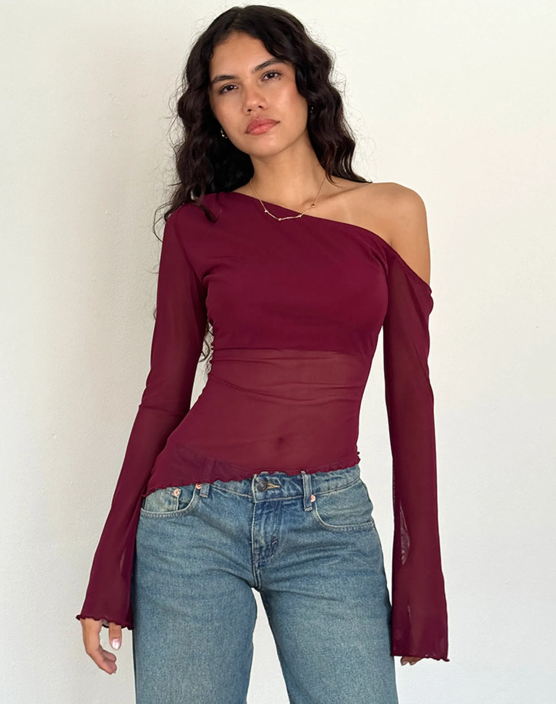 Motel Rocks Long Sleeve Tops-Narcissa Asymmetric Long Sleeve Top in Maroon