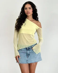 Motel Rocks Long Sleeve Tops | Going Out Tops-Narcissa Asymmetric Top in Mesh Lemon MeshLemon