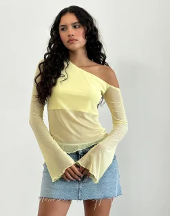 Motel Rocks Long Sleeve Tops | Going Out Tops-Narcissa Asymmetric Top in Mesh Lemon MeshLemon