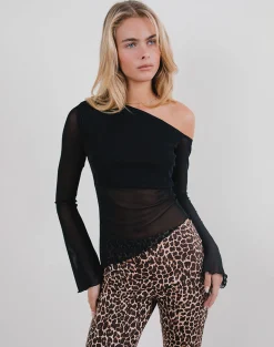 Motel Rocks Long Sleeve Tops | Going Out Tops-Narcissa Asymmetric Top in Mesh Black MeshBlack