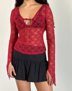 Motel Rocks Long Sleeve Tops | Lace Tops-Natasha Tie Front Top in Mari Lace Red