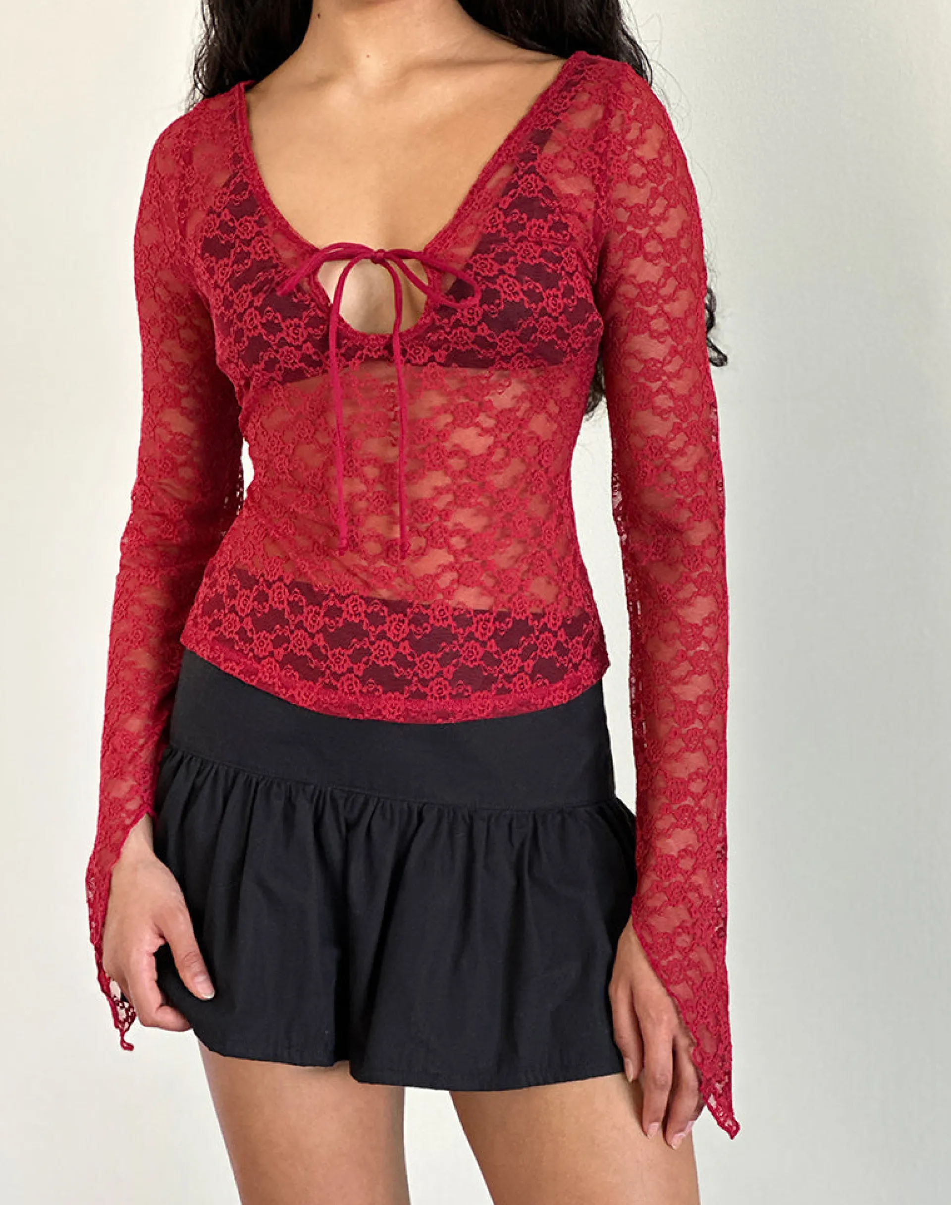 Motel Rocks Long Sleeve Tops | Lace Tops-Natasha Tie Front Top in Mari Lace Red