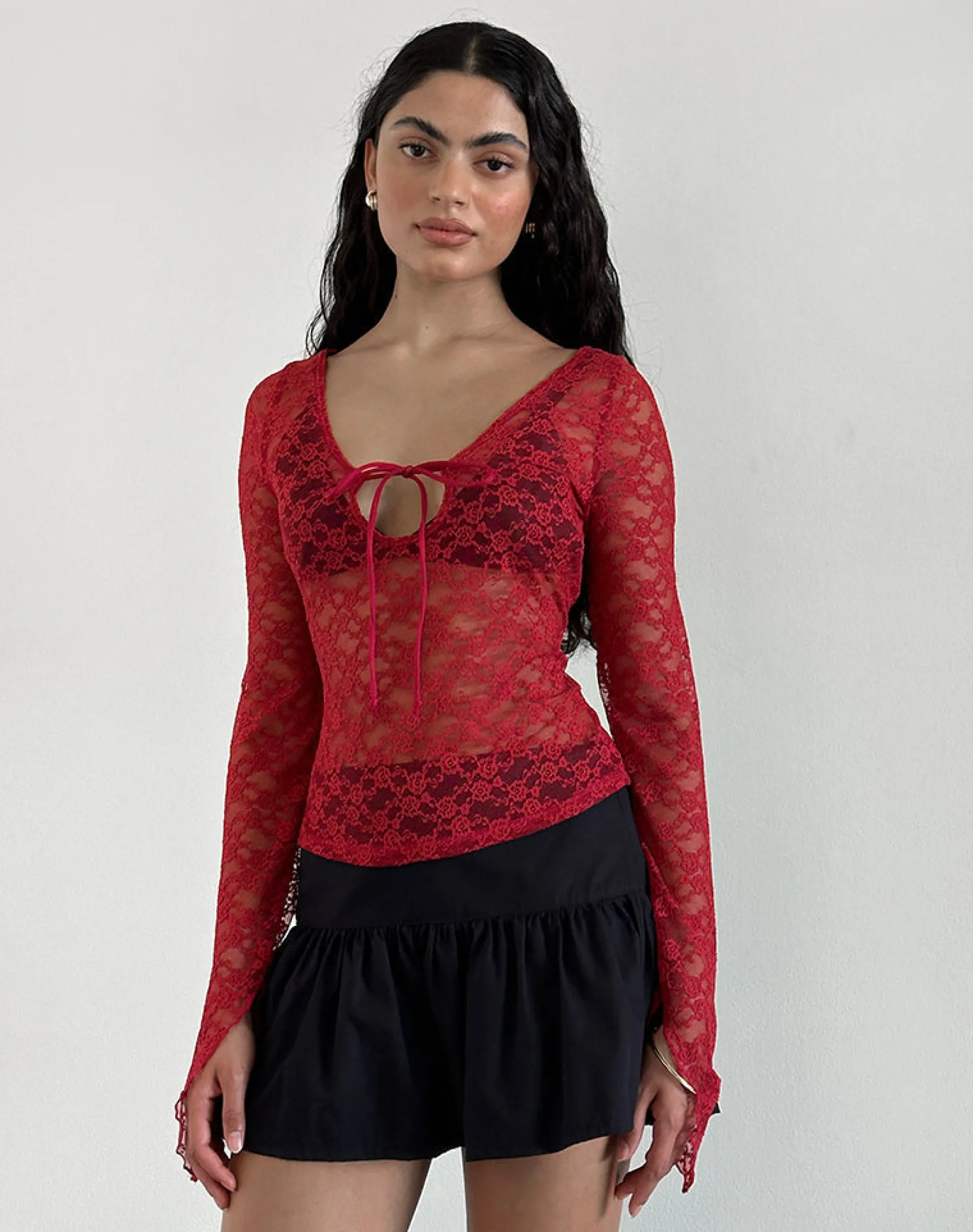 Motel Rocks Long Sleeve Tops | Lace Tops-Natasha Tie Front Top in Mari Lace Red