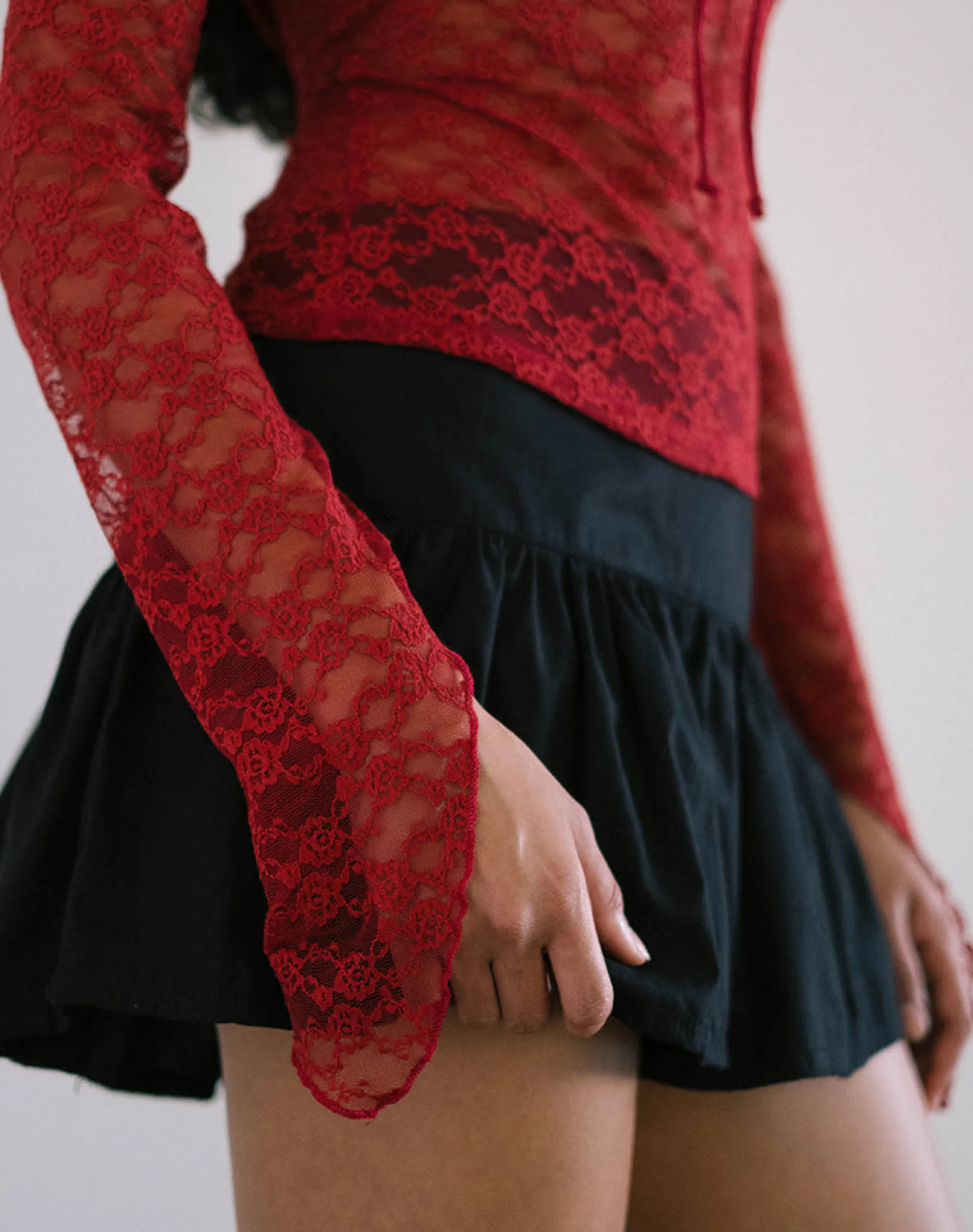Motel Rocks Long Sleeve Tops | Lace Tops-Natasha Tie Front Top in Mari Lace Red