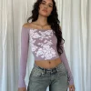 Motel Rocks Printed Tops | Long Sleeve Tops-Nauby Long Sleeve Bardot Top in Light Mauve Floral Lace