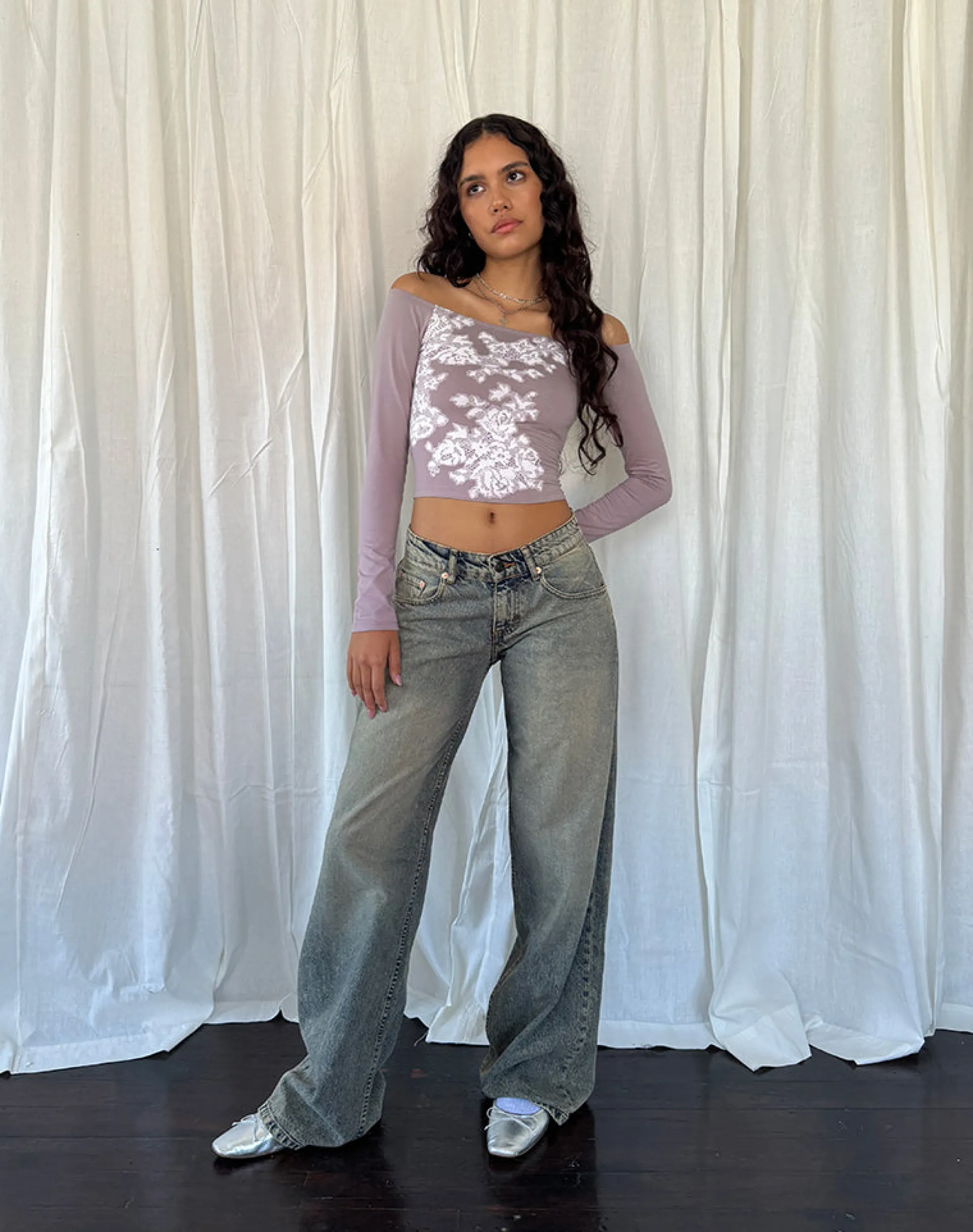 Motel Rocks Printed Tops | Long Sleeve Tops-Nauby Long Sleeve Bardot Top in Light Mauve Floral Lace