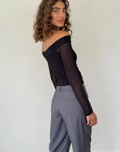 Motel Rocks Long Sleeve Tops-Nauri Long Sleeve Bardot Top in Mesh Black MeshBlack