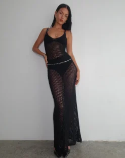 Motel Rocks Basics | Day Dresses-Nazir O Ring Strap Knitted Maxi Dress in Black