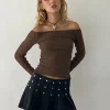 Motel Rocks Long Sleeve Tops-Neira Long Sleeve Bardot Top in Textured Knit Mocha TexturedKnitMocha