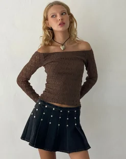 Motel Rocks Long Sleeve Tops-Neira Long Sleeve Bardot Top in Textured Knit Mocha TexturedKnitMocha