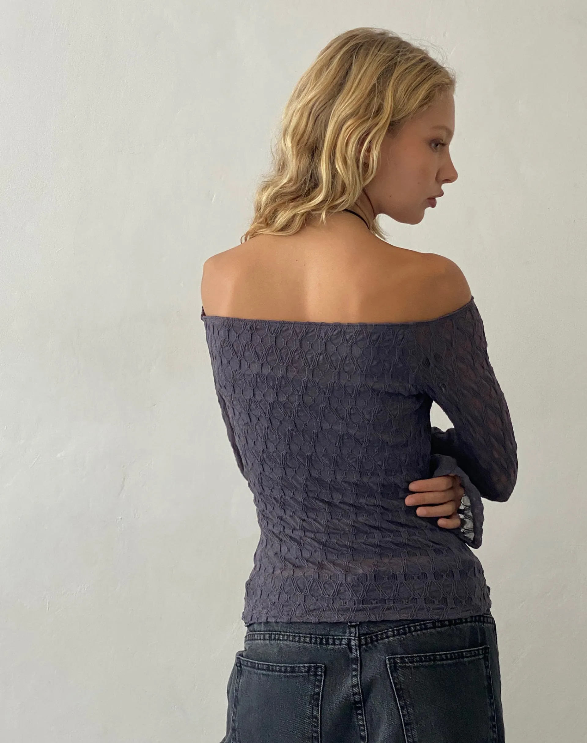 Motel Rocks Bandeau Tops | Long Sleeve Tops-Neira Long Sleeve Bardot Top in Textured Knit Ocean Storm TexturedKnitOceanStorm