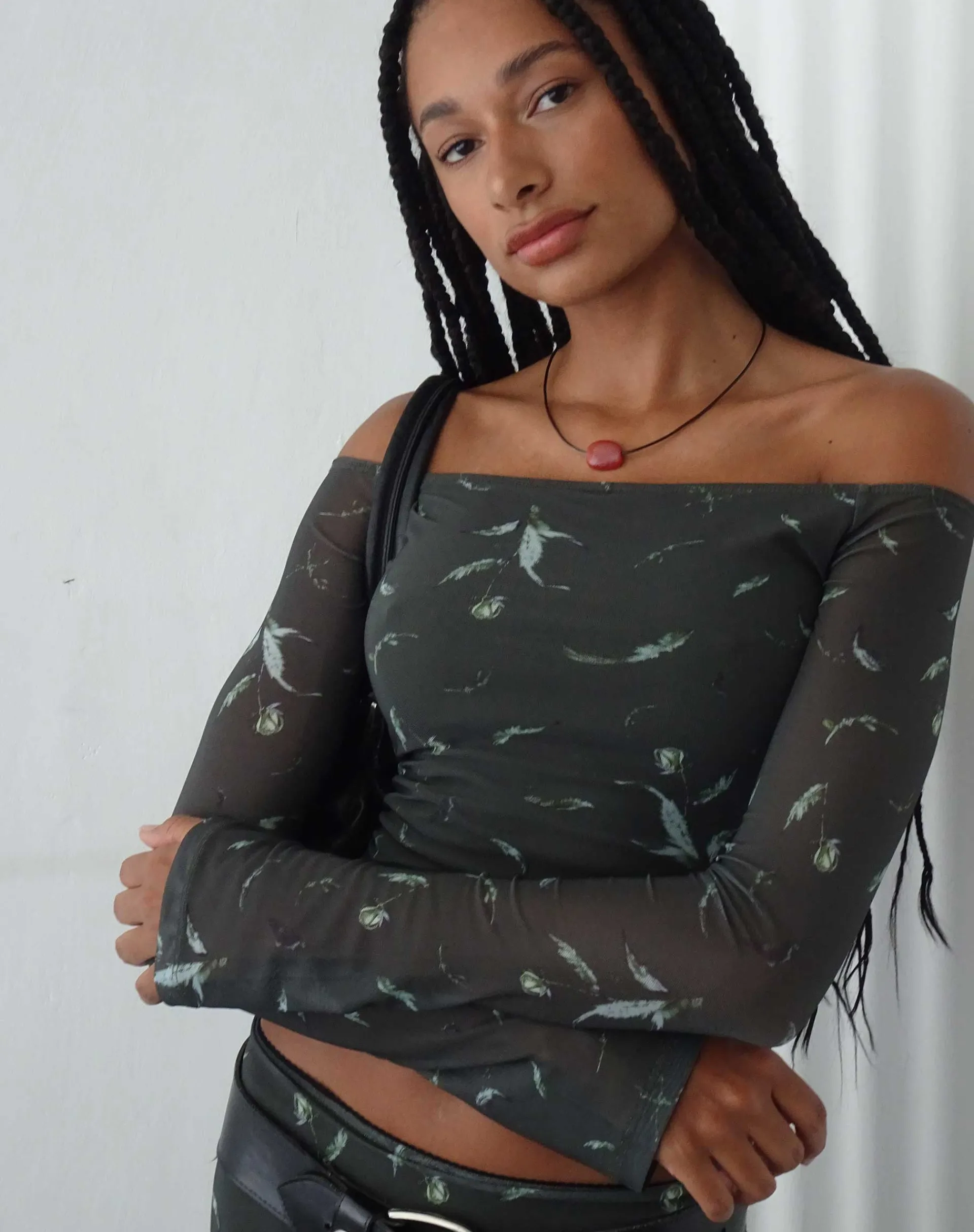 Motel Rocks Printed Tops-Neira Long Sleeve Mesh Bardot Top in Floral Khaki Silhouette FloralKhakiSilhouette