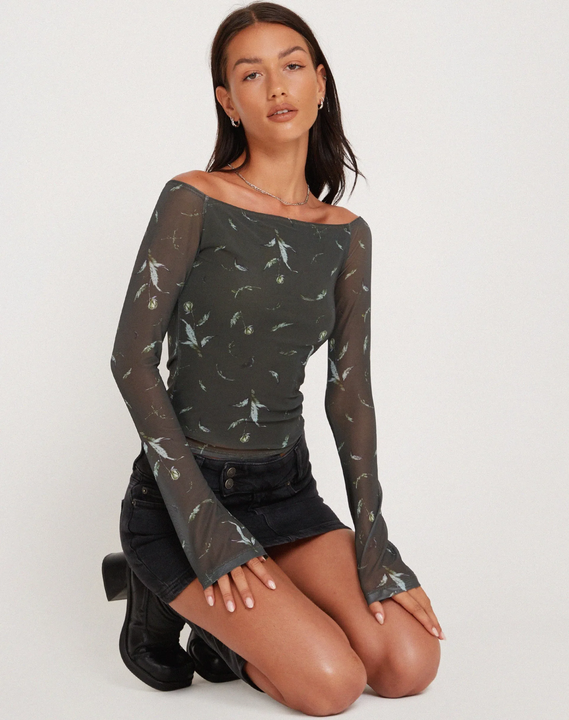 Motel Rocks Printed Tops-Neira Long Sleeve Mesh Bardot Top in Floral Khaki Silhouette FloralKhakiSilhouette
