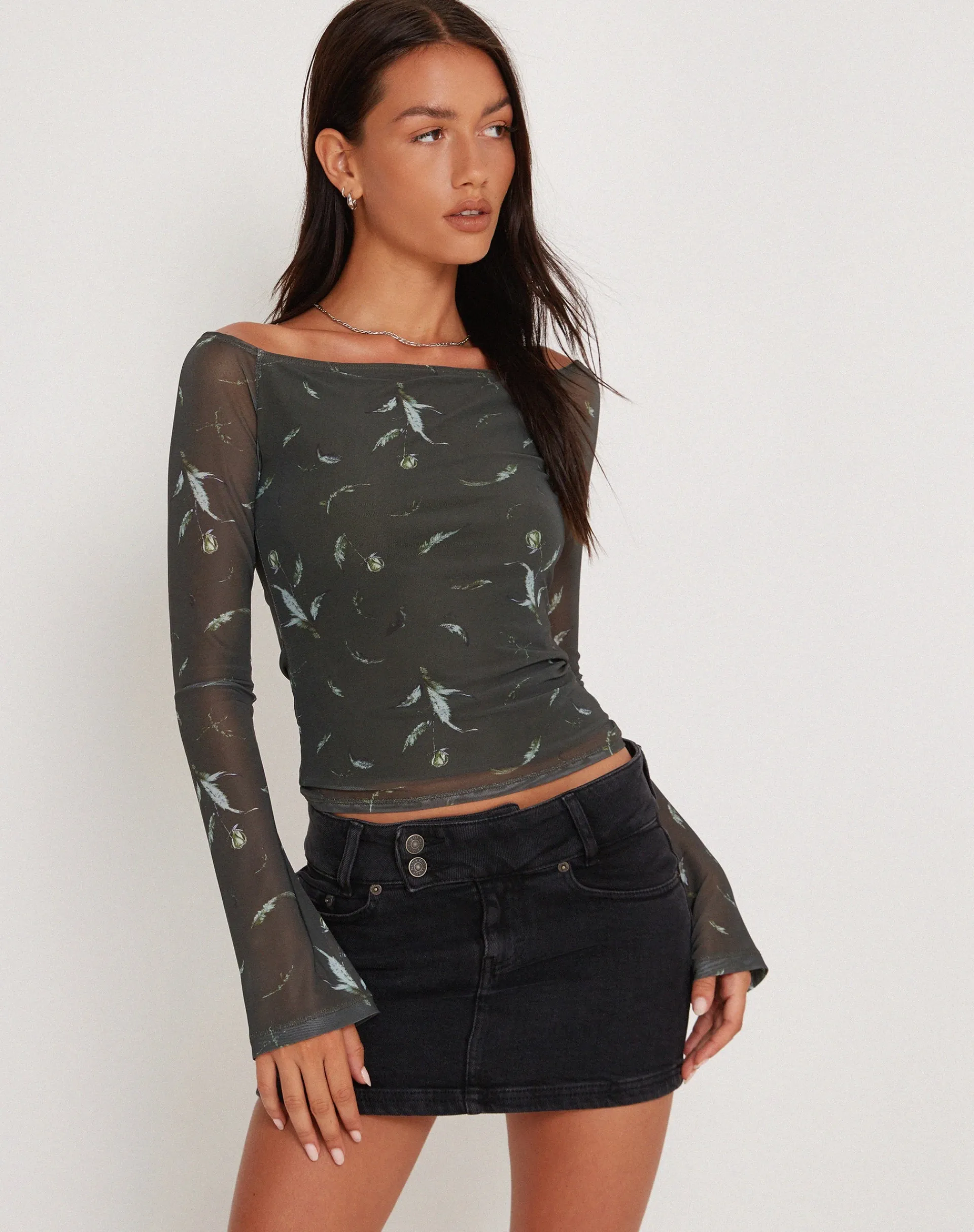 Motel Rocks Printed Tops-Neira Long Sleeve Mesh Bardot Top in Floral Khaki Silhouette FloralKhakiSilhouette