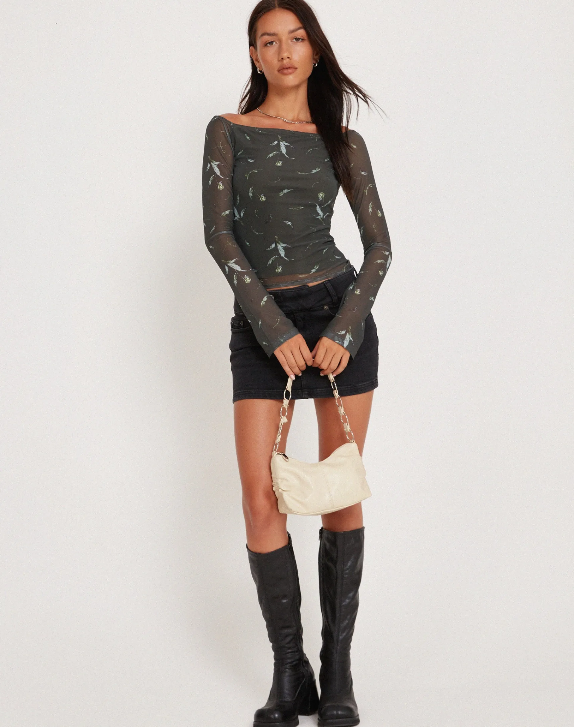 Motel Rocks Printed Tops-Neira Long Sleeve Mesh Bardot Top in Floral Khaki Silhouette FloralKhakiSilhouette