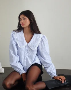Motel Rocks Shirts And Blouses-Nelcy Oversized Collared Shirt in Small Vertical Stripe Blue