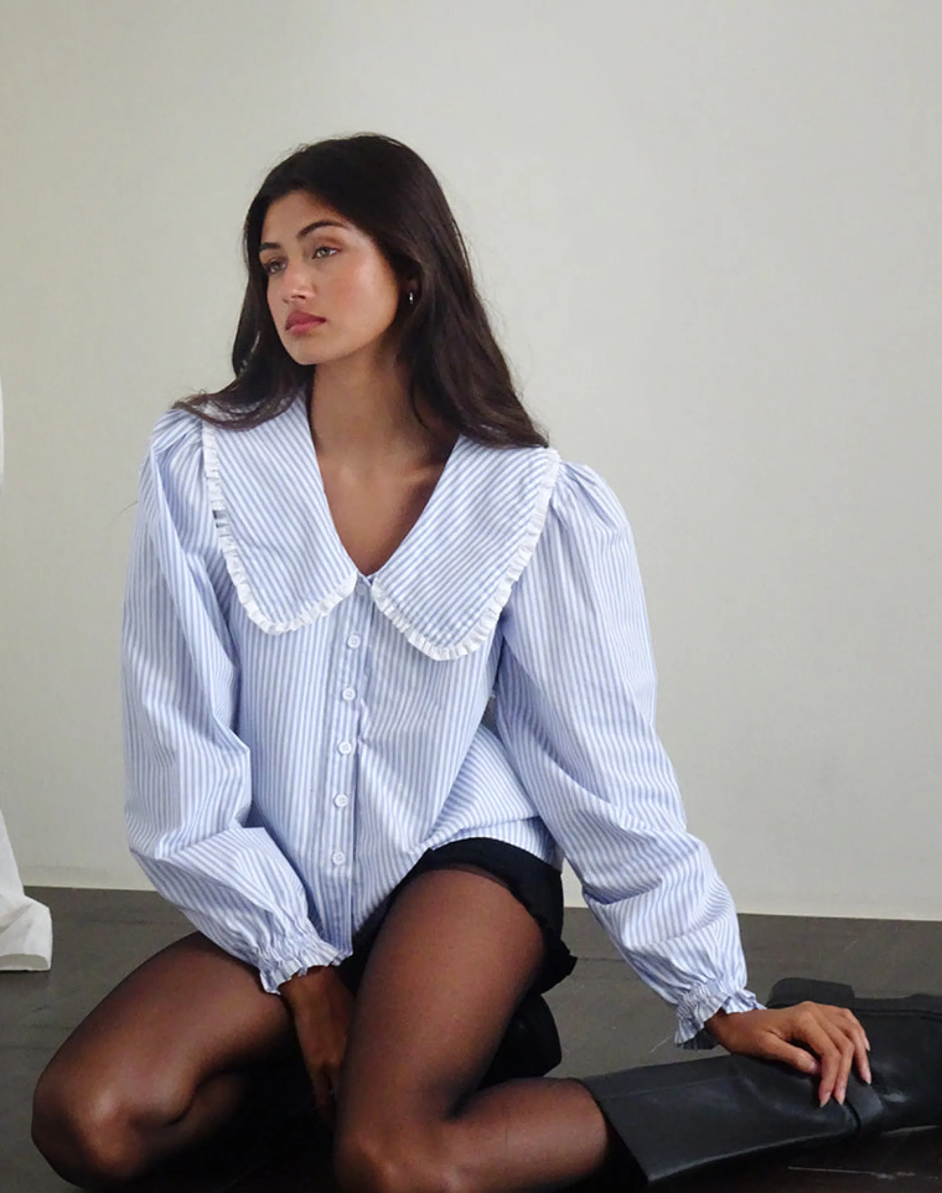 Motel Rocks Shirts And Blouses-Nelcy Oversized Collared Shirt in Small Vertical Stripe Blue