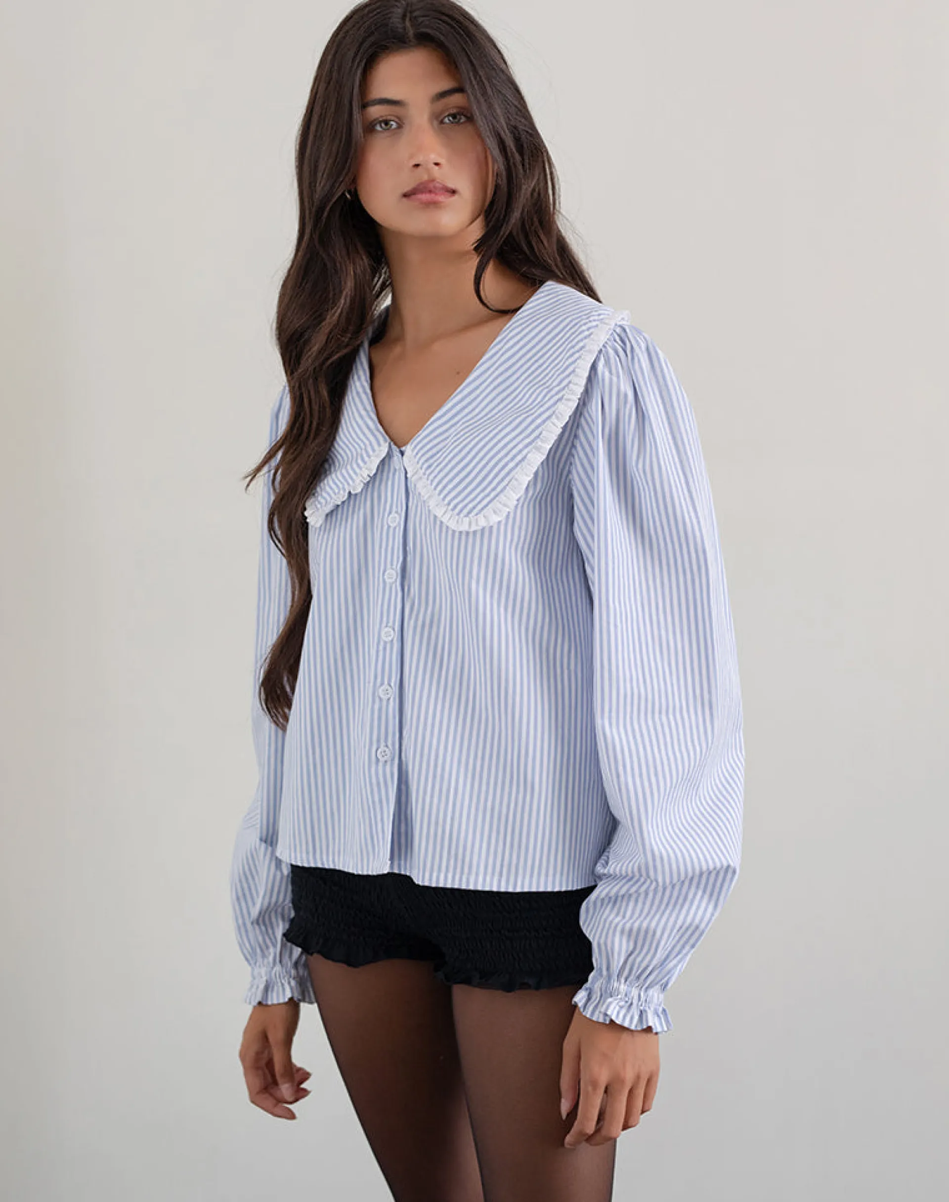 Motel Rocks Shirts And Blouses-Nelcy Oversized Collared Shirt in Small Vertical Stripe Blue