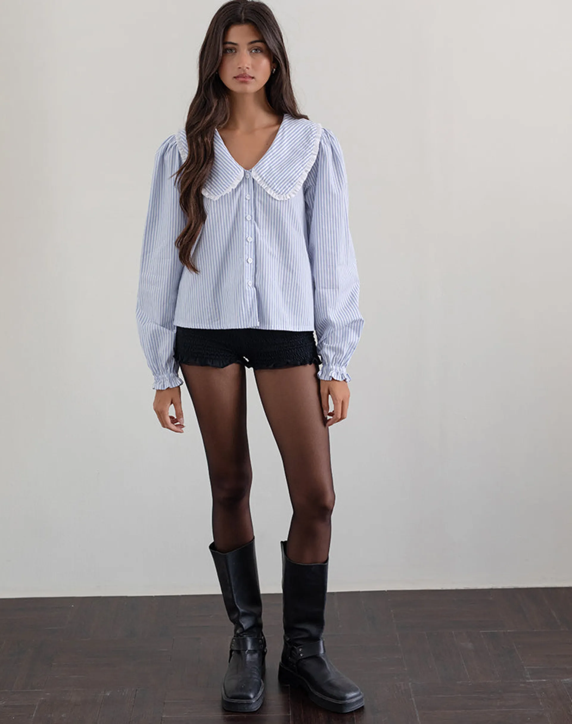 Motel Rocks Shirts And Blouses-Nelcy Oversized Collared Shirt in Small Vertical Stripe Blue