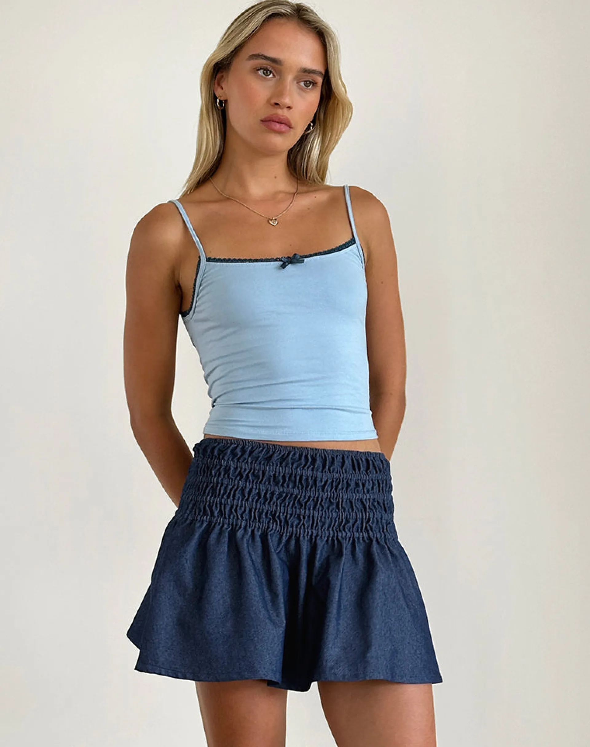 Motel Rocks Mini Skirts-Nelesi Mini Skirt in Denim Chambray Indigo DenimChambrayIndigo