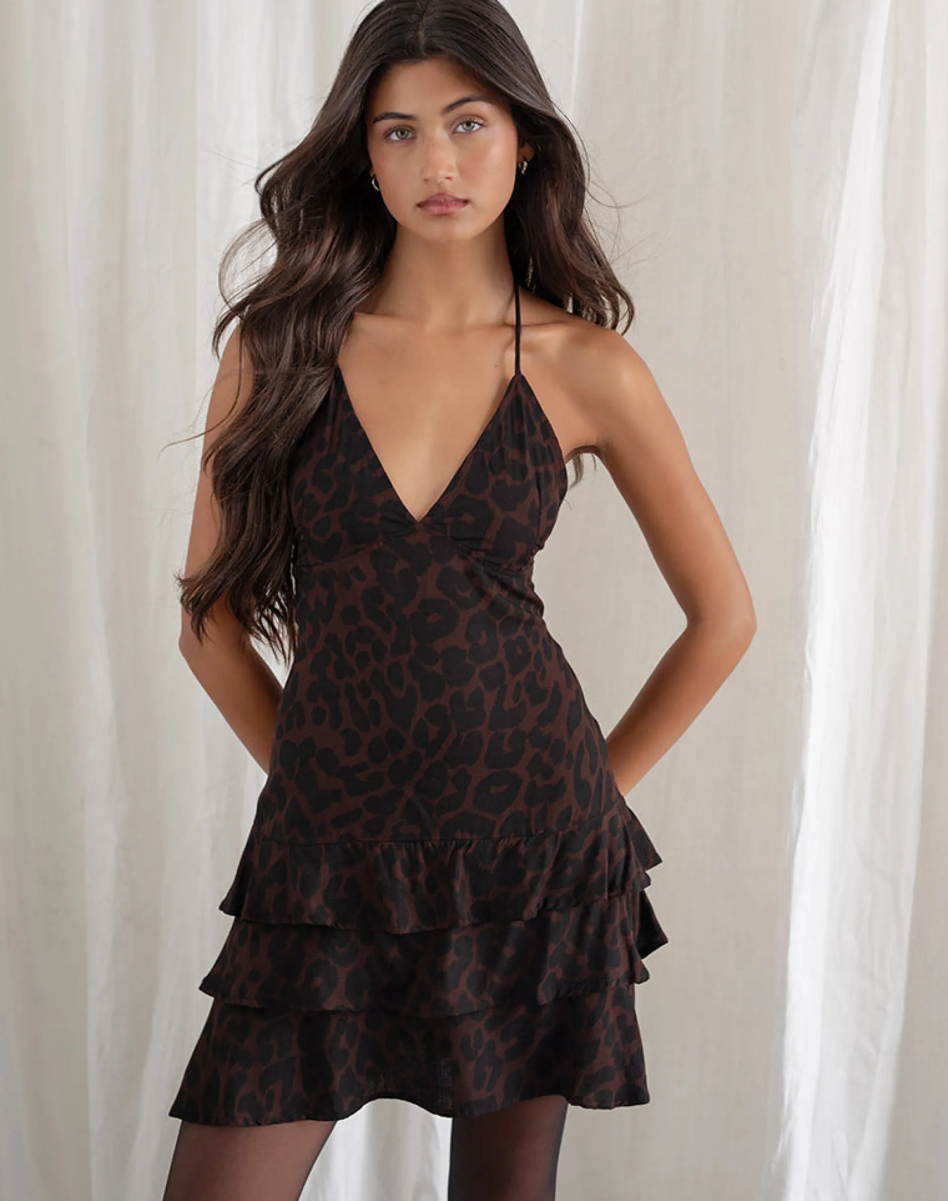 Motel Rocks Printed Dresses | Mini Dresses-Nenita Halterneck Mini Dress in Oversize Jaguar Brown OversizeBrownJaguar