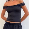 Motel Rocks Basic Tops-Nesel Bardot Top in Slinky Lace Black