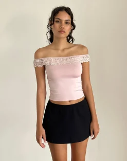 Motel Rocks Lace Tops | Going Out Tops-Nesel Bardot Top in Slinky Baby Pink SlinkyBabyPink