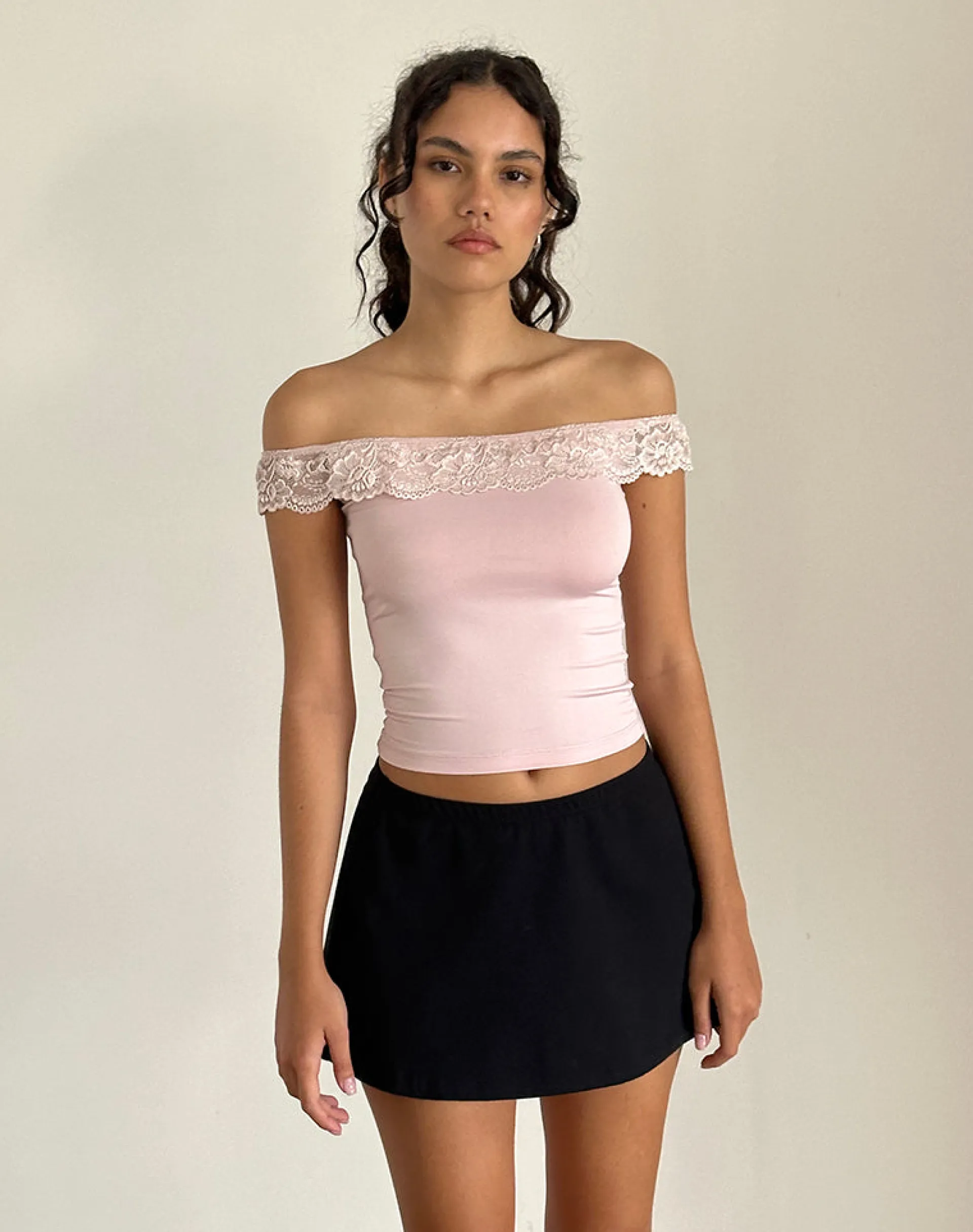 Motel Rocks Lace Tops | Going Out Tops-Nesel Bardot Top in Slinky Baby Pink SlinkyBabyPink