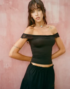 Motel Rocks Basic Tops-Nesel Bardot Top in Slinky Lace Black