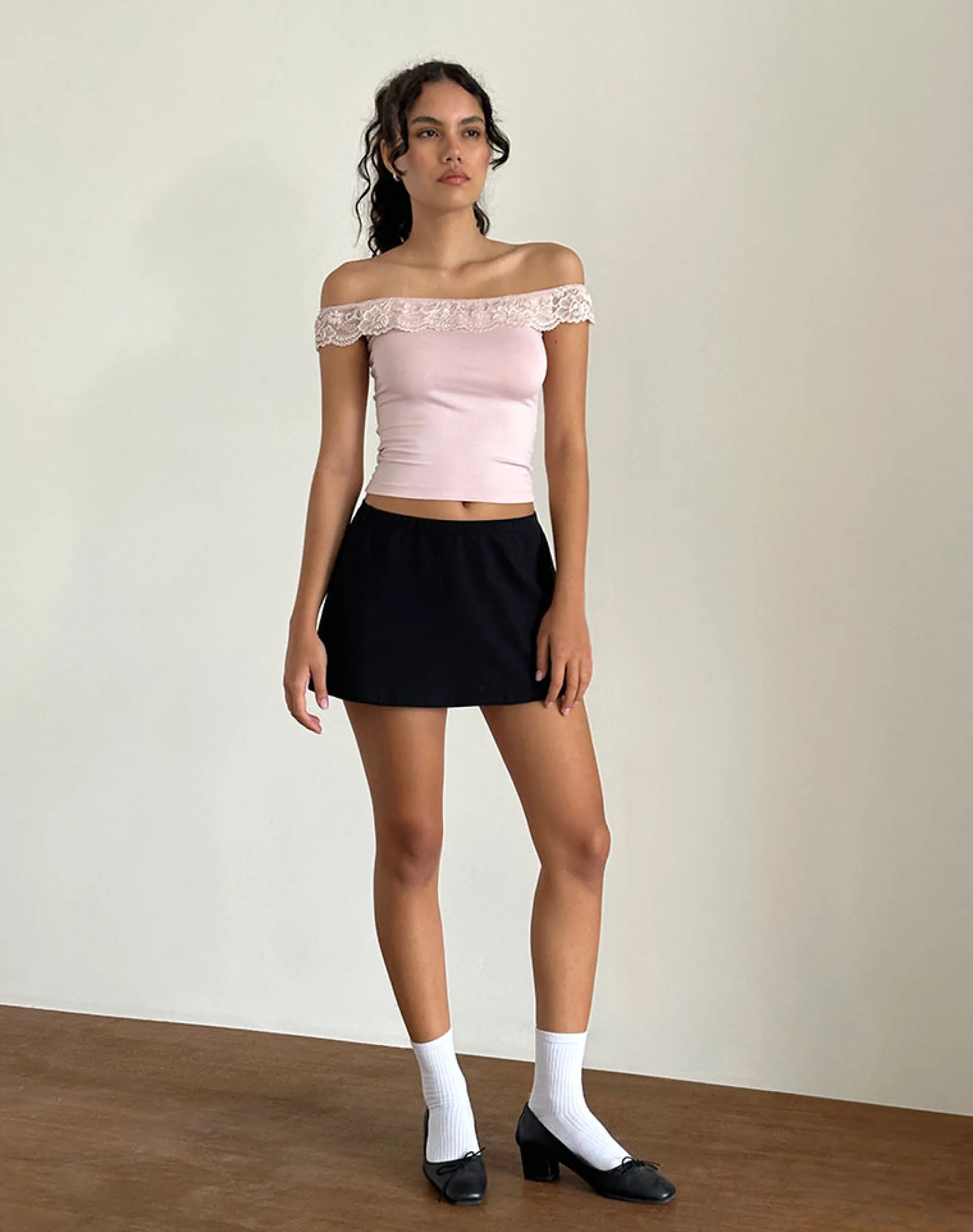 Motel Rocks Lace Tops | Going Out Tops-Nesel Bardot Top in Slinky Baby Pink SlinkyBabyPink