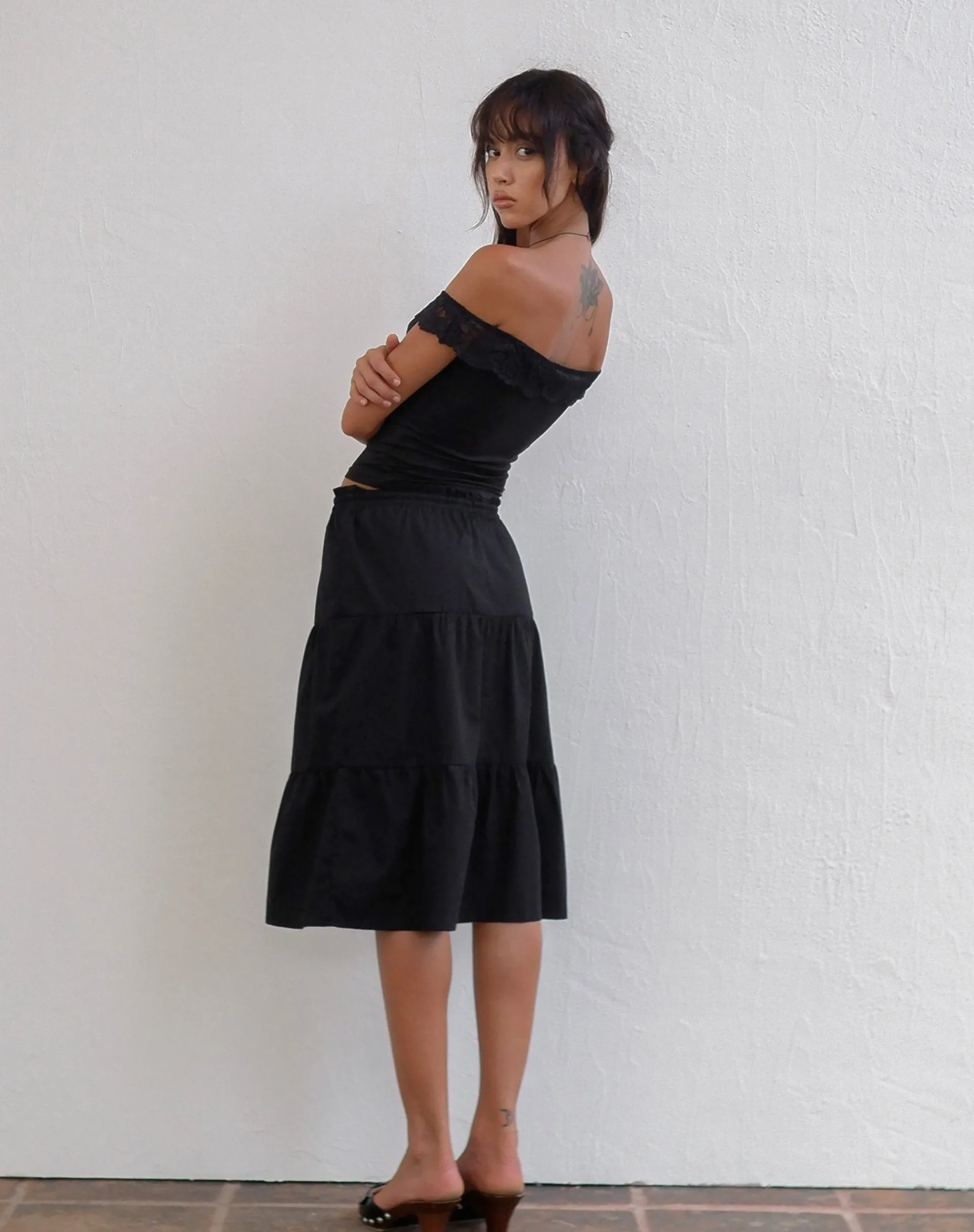Motel Rocks Basic Tops-Nesel Bardot Top in Slinky Lace Black