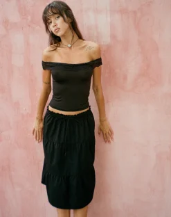 Motel Rocks Basic Tops-Nesel Bardot Top in Slinky Lace Black