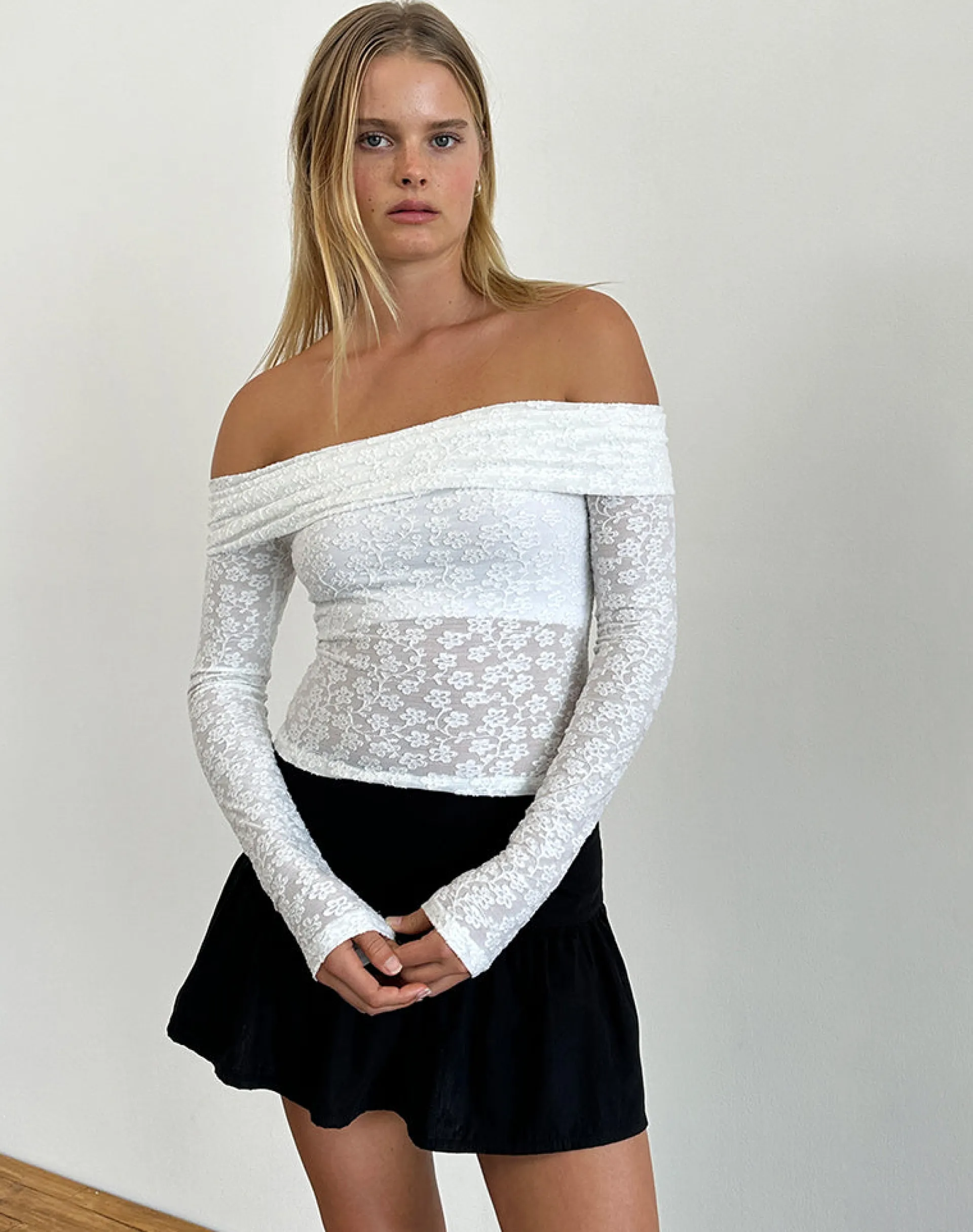 Motel Rocks Long Sleeve Tops | Lace Tops-Nesta Bardot Top in Burnout Mesh Ivory BurnoutMeshIvory